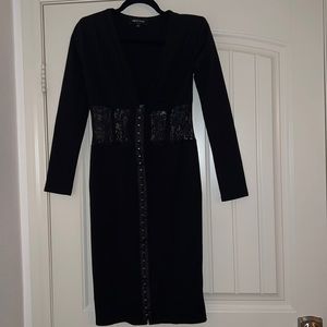 Black v neck dress with corset and lace detailing